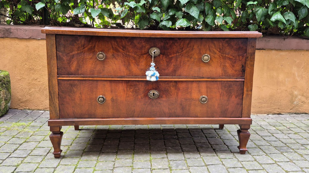 Comò cassettone antico a due cassetti lastronato in noce e radica