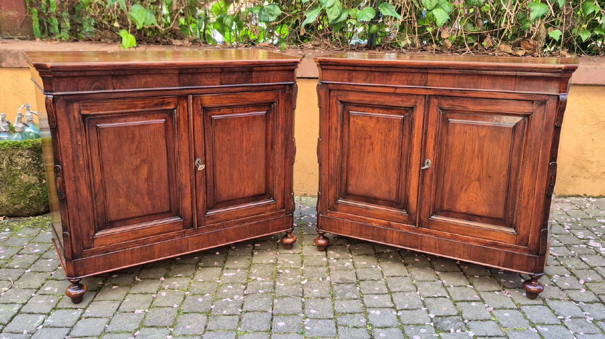 Coppia piccole credenze servanti antiche lombarde in noce