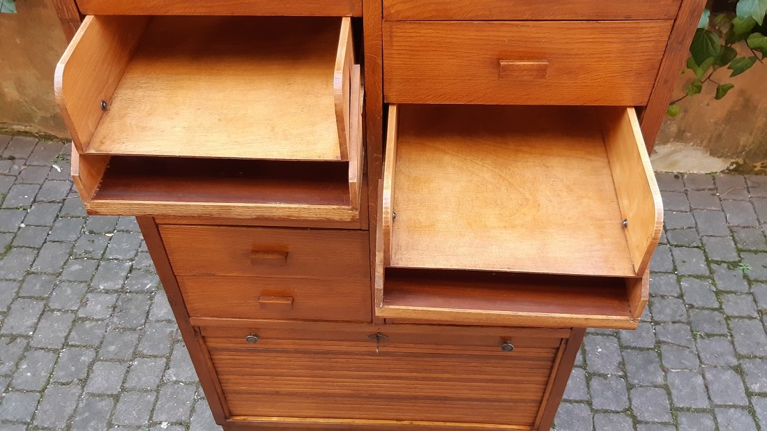 Cassettiera antica archivio, credenza ministeriale, degli anni '30 in rovere-photo-3