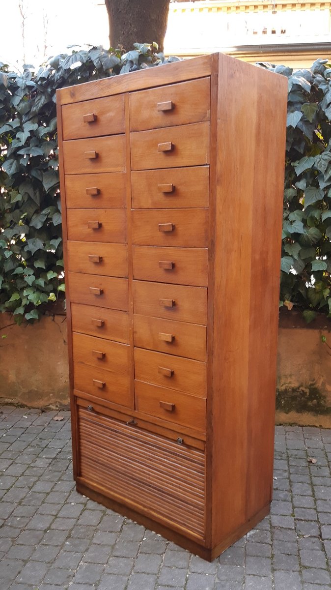 Cassettiera antica archivio, credenza ministeriale, degli anni '30 in rovere-photo-2