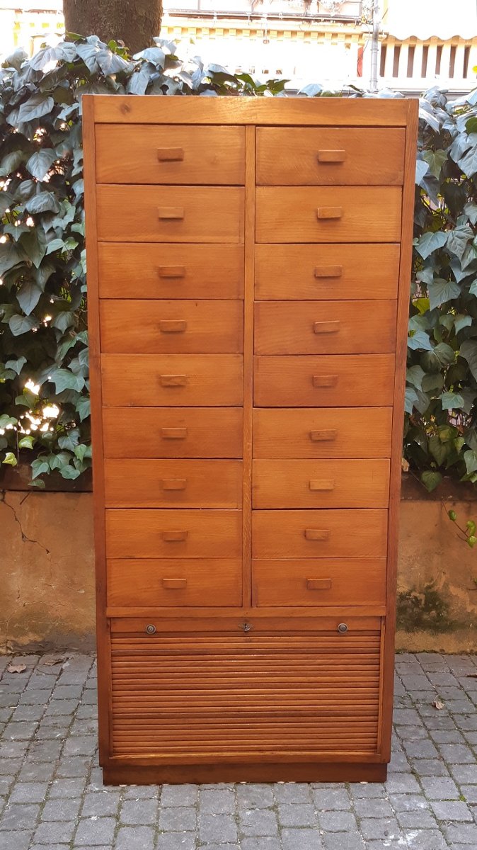 Cassettiera antica archivio, credenza ministeriale, degli anni '30 in rovere-photo-4