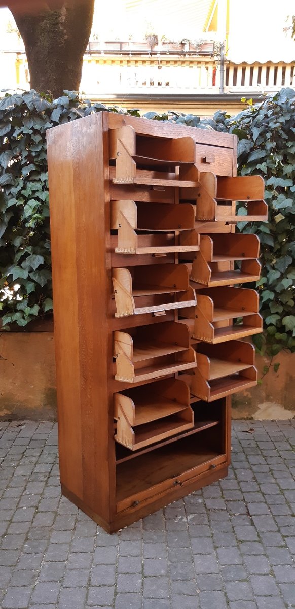 Cassettiera antica archivio, credenza ministeriale, degli anni '30 in rovere