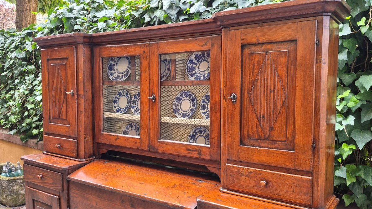 Credenza madia antica 2 corpi con piattaia dell'800 a ponte-photo-3