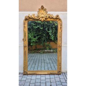 Grande specchiera dorata antica dell'800 con cimasa