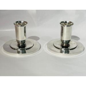 Georg Jensen Pair Of Sterling Silver Candlesticks By Harald Nielsen