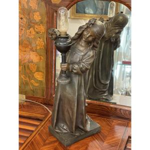 Statue Of A Young Girl With A Spelter Lamp, 1900, By Scotte