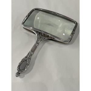 Large Silver Magnifying Glass In Louis XVI Style With Crossed Ribbons 