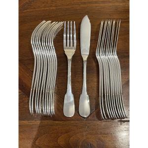 12 Christofle Cluny Forks And 12 Christofle Cluny Fish Knives, Plain Silver-plated Model
