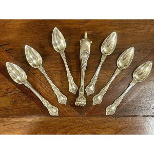 6 Tea Or Coffee Spoons With Sugar Tongs Silver Vermeil Minerve