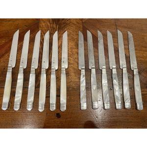 Dessert Knives With Mother-of-pearl Handles And Escutcheon 6 Silver And 6 Steel Blades