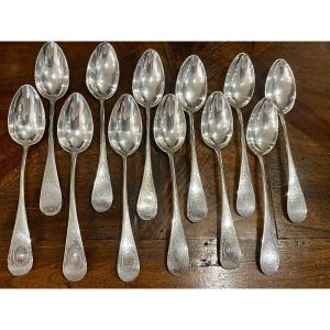 12 Small Spoons Lm Silver Medallion Guilloché Minerve