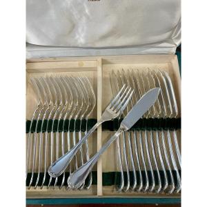 Christofle Fish Forks And Knives With Crossed Ribbons Silver Plated
