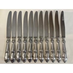 Minerve Silver Table Knives, Set Of 11, Louis XV Style 