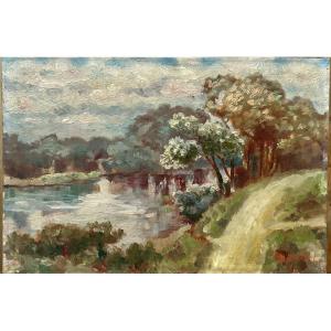 Oil On Panel “pont De Chenneviere”, Illegible Signature