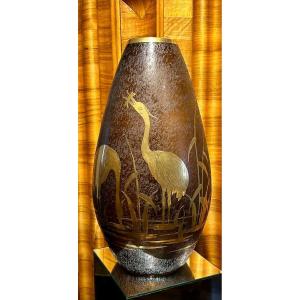 Large Vintage Engraved Glass Vase