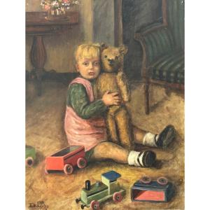 E. Dauby, Oil On Canvas The Child And The Teddy Bear