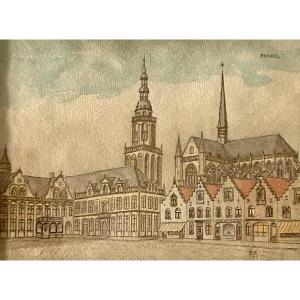 Pm, Ink Drawing Of The Main Square In Furnes