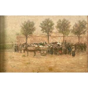 Camille Nicolas Lambert, “the Market” Oil On Panel