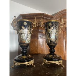Pair Of Black Opaline Vases With Japanese Decoration, Napoleon III