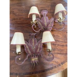 Pair Of Art Deco Wall Lights In Patinated Metal 