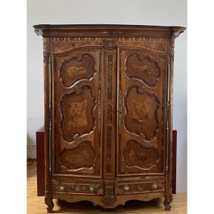 Curved Cherry Wood Cabinet With Three Marquetry Sides, 18th Century