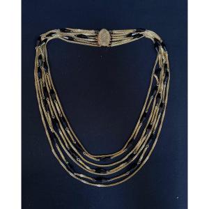 Vintage Gold Metal And Black Glass Pearl Necklace