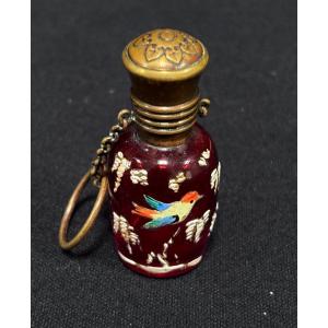 Red Enamelled Glass Perfume Bottle Representing A Bird