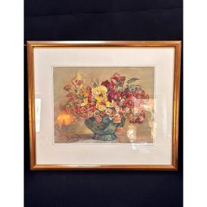 Watercolor Bouquet Of Flowers Signed E. Donglas