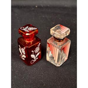 Pair Of French Art Deco Enameled Glass Perfume Bottles 