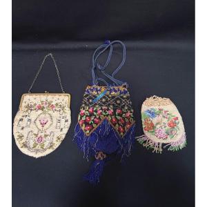 Set Of Three Vintage Art Deco Bags Adorned With Colorful Beads 