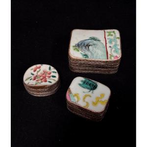 Set Of 3 Chinese Silver-plated Metal And Porcelain Boxes, 19th Century