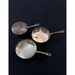 Set Of 3 Small Silver-plated Metal Saucepans From The Parisian Restaurant Lasserre