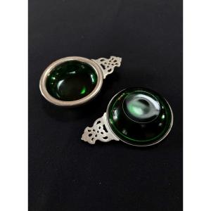 Salt And Pepper Shakers In Chromed Metal And Green Colored Glass, Circa 1900
