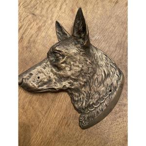 Bronze Bas-relief Depicting A Dog's Head, Signed Bg