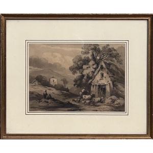 18th-century Greywash Drawing, Castle Landscape