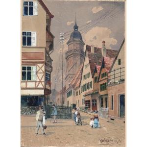 Hartmann, Watercolor On Paper, Village Scene