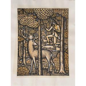 Foni Tissen, Lithograph Hunting Scene, Luxembourgish Artist 