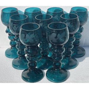 Set Of 9 Bohemian Stemmed Glasses In Green/blue 