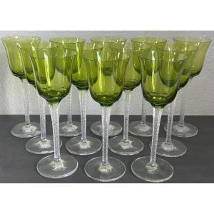 Lalique, 12 Roemer Glasses, Trèves Model, In Engraved And Colored Crystal