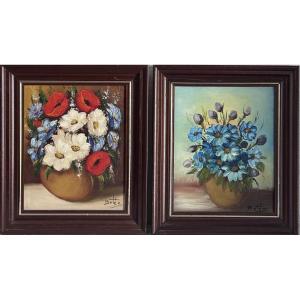 Betés, Pair Of Oil Paintings On Canvas, Bouquets Of Flowers 