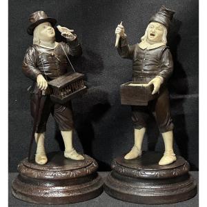 Pair Of German Walnut And Ivory Sculptures After Simon Troger, 19th Century