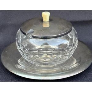 Val Saint Lambert, Art Deco Mustard Pot In Crystal And Silver-plated Metal