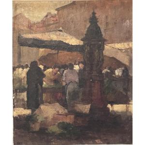 Oil On Canvas, Market Scene, Signature To Be Identified