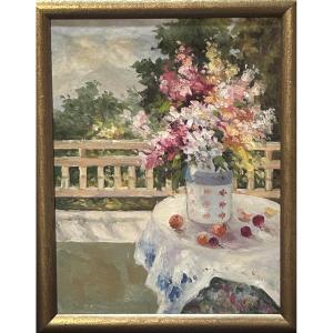 Oil On Canvas Bouquet Of Flowers In A Country Setting