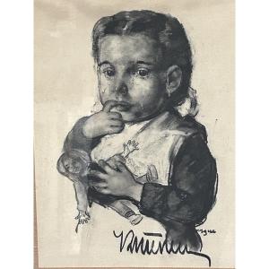 Charcoal Drawing, Portrait Of An Art Deco Girl