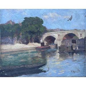 P. Renard, Oil On Canvas Landscape On The Banks Of The Seine, Paris