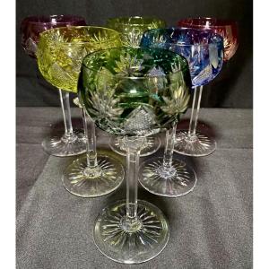 Val St Lambert, 6 Colored Crystal White Wine Glasses Bernkastel Model