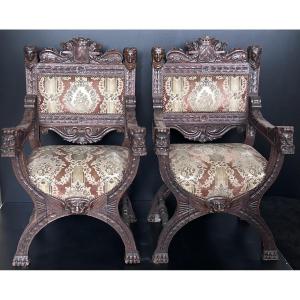 Pair Of Carved Oak Dagobert Armchairs