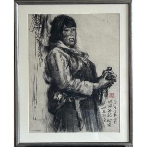 Charcoal Drawing On Paper, Portrait Of Woman, Chinese Artist