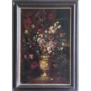 Oil On Copper, Bouquet Of Flowers In A Vase 19th Century